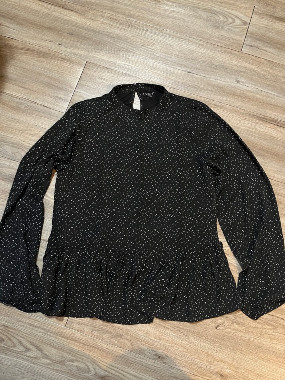 LOFT Black Long-Sleeve Peplum Top with White Dot Print
